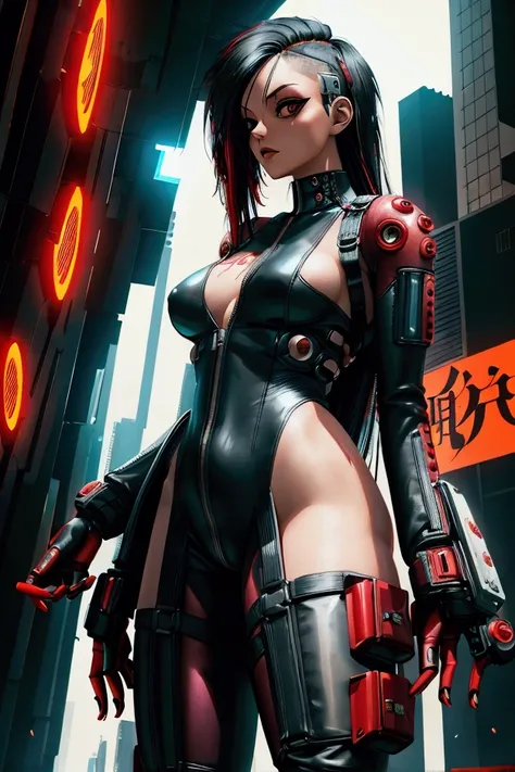 Cyberpunk, body suit, black and red, long hair, beautiful, 1 girl, punk, one piece, showing thighs, black hair, normal arms