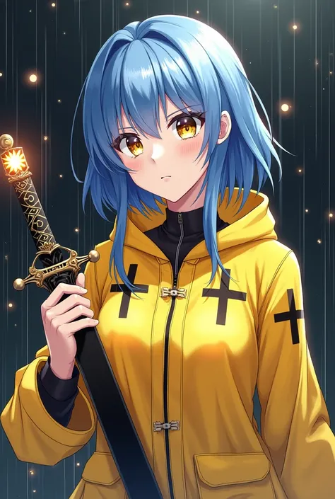  A young woman with a white complexion with bright blue hair and intense golden eyes ,  drawn in a highly detailed anime style .  She wears a vibrant yellow raincoat decorated with black crosses ,  that stand out against the dark background .  Her expressi...