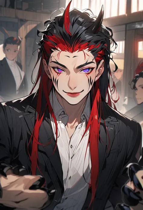 alone, looking at viewer, smile, fair skin, shirt, black hair, long sleeves, 1 boy, jacket, colored eyes, white shirt, upper body, focus, red hair, multicolored hair, medium mullet hairstyle, lips, horn on forehead, collared shirt, trans man, indoors, oni,...