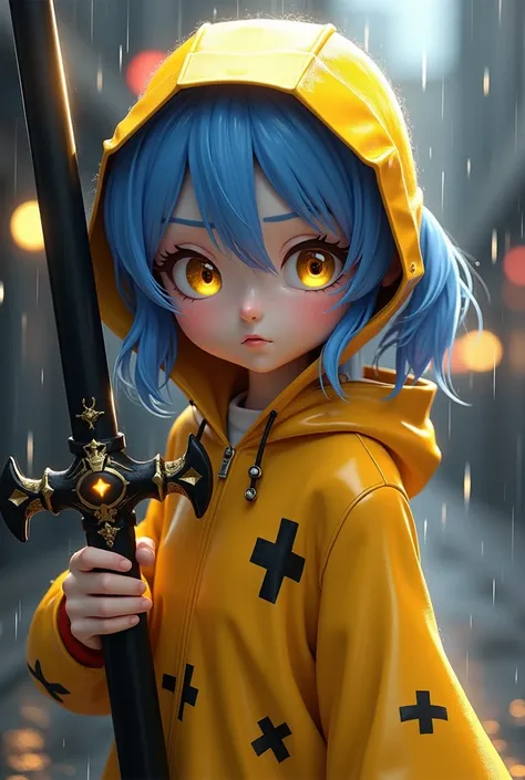 A 16-year-old white-skinned girl ,  bright blue hair and intense golden eyes ,  designed in an anime style with highly detailed 3D effects .  She wears a vibrant yellow raincoat decorated with black crosses ,  that stands out with great realism thanks to t...