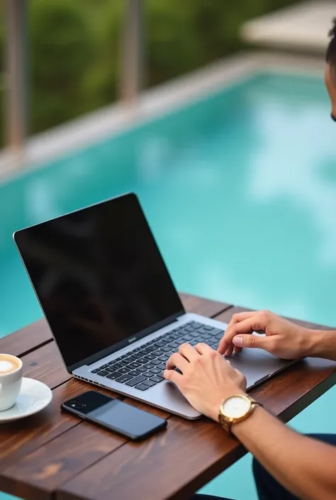  create an image of a small table on top of the table there is a gray Apple notebook open,   next to a coffee bean and a black iPhone 15 .  background mansion leisure area with infinity pool  . Male hand typing on the notebook , gold watch.  Porcelain skin...