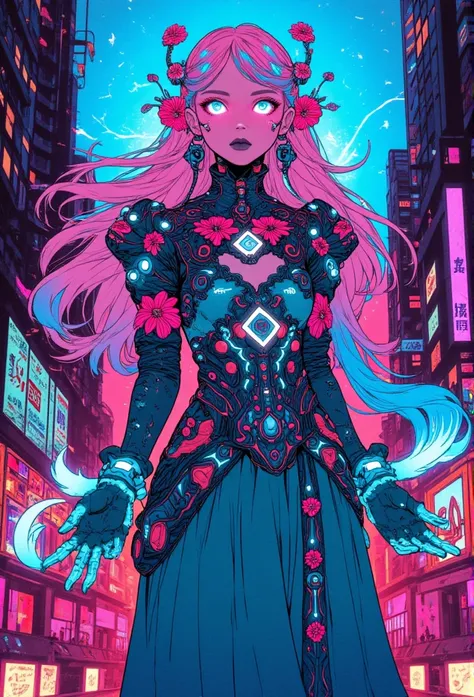 "A striking character with long, flowing hair in vibrant shades of pink and blue, interwoven with glowing neon fibers and adorned with cybernetic, holographic flowers. She wears an elaborate, ornate dress blending rich teal and deep magenta, enhanced with ...