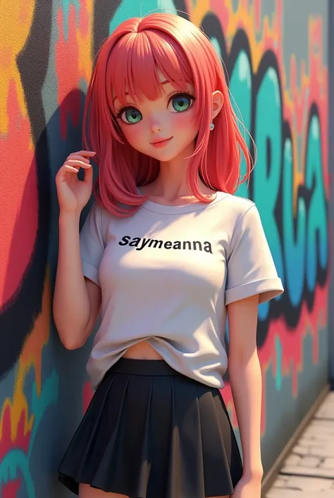 anime girl, 23 years old,  light red hair , black skirt,  white t-shirt with lettering " saymeanna " graffiti background . 3D animation  