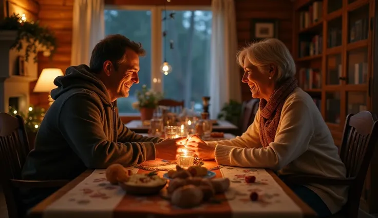 An emotional scene depicting a family reconciled after a difficult past. Two family members, who were once estranged, are sitting across from one another at a festive Christmas table, holding hands, exchanging a warm smile, and sharing a moment of peace. T...