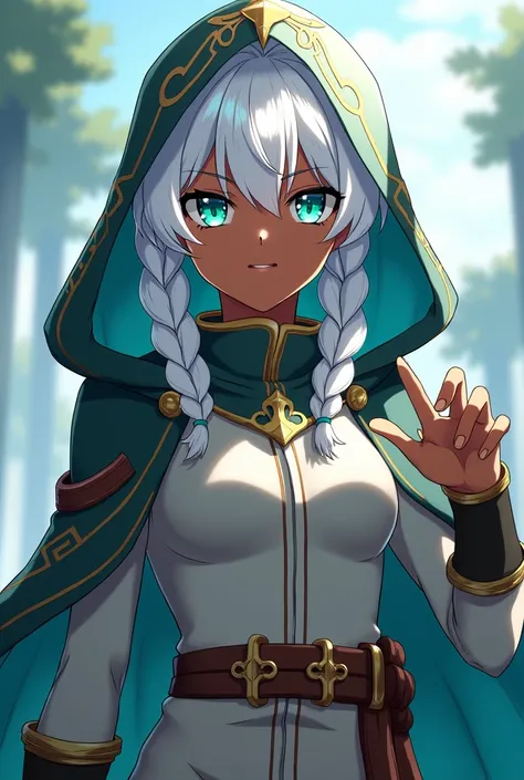 Play a character from the anime Dainmachi ,  an African girl with white hair with some braids and turquoise eyes, Dressed as a Templar with a hood