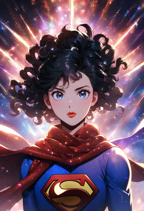 anime superman, uniformed blue e red, close up, long black hair, bangs, curls, red glossy lips, new age lights, intricate details,  coat, scarf, sky chaos background, bolts, kawaii, glitter effect