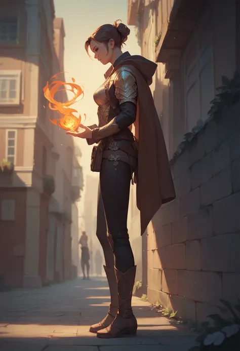 a slender young woman with brown hair in complex colored fantasy clothes, standing by the wall, full body view, holding a magical fire in her lowered hand, looking into the distance of the street, side view, general impression of magic and sorcery, 