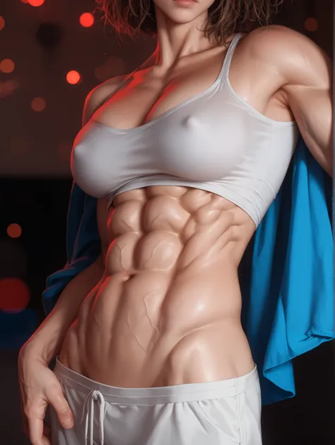 A stunning intricate, (cute), 1girl bokeh, cinemascope, moody, epic, gorgeous, film grain,, grainy, (big round breast, (muscle:1.9), thick chest muscle, (Reflective Muscle texture:1.8), (shredded muscle), (ten pack abs:1.5), (vascularity), chest veins, cap...