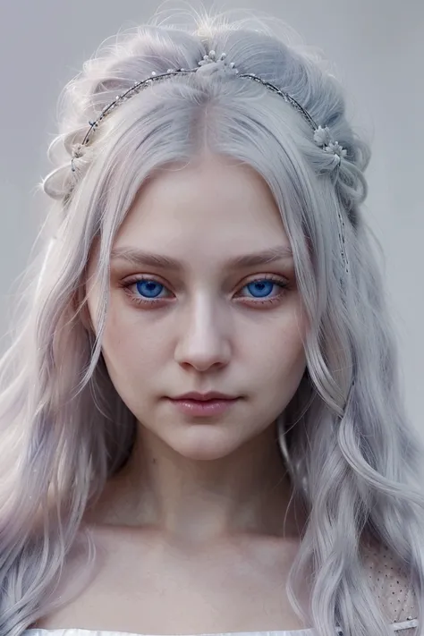 A close-up of a young womans head with flowing, silvery-white hair that cascades like silk and enchanting light blue eyes with a faint violet hue. Her soft facial features and dreamy expression give her an ethereal, otherworldly appearance. The focus is so...