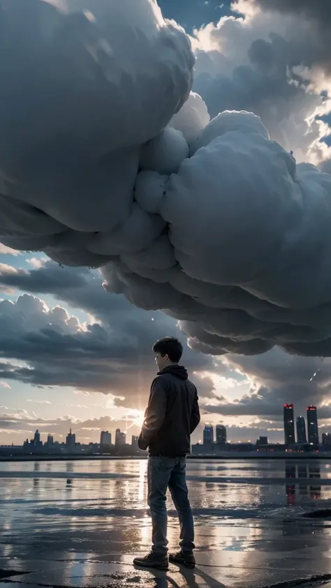 Opens with the scene of the boy standing alone among a cloudy space or cold city.