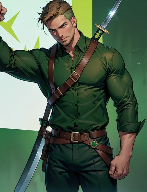 1 man, male focus solo,45 yo man,Stephen AMELL as green arrow,  lean muscle, ((open dark green shirt, dark green jeans with brown belt,wearing outfit like robin hood)) ,(( big bulge)), full body shot, dark blond short hair, well groomed facial hair, (((hol...