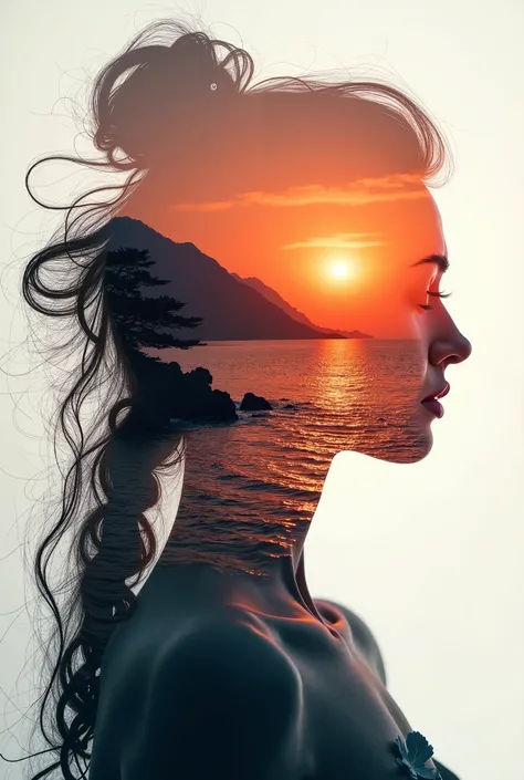 high quality, 8K Ultra HD, A beautiful double exposure that combines an goddess silhouette with sunset coast, sunset coast should serve as the underlying backdrop, with its details incorporated into the goddess , crisp lines, The background is monochrome, ...