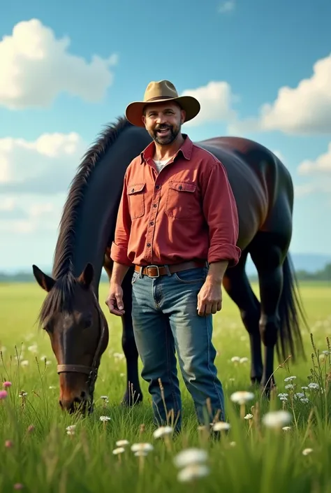 realistic adult man, light skin color, farmer outfit with red shirt and jeans, in a beautiful big green pasture with realistic blue sky, near a very realistic beautiful black horse