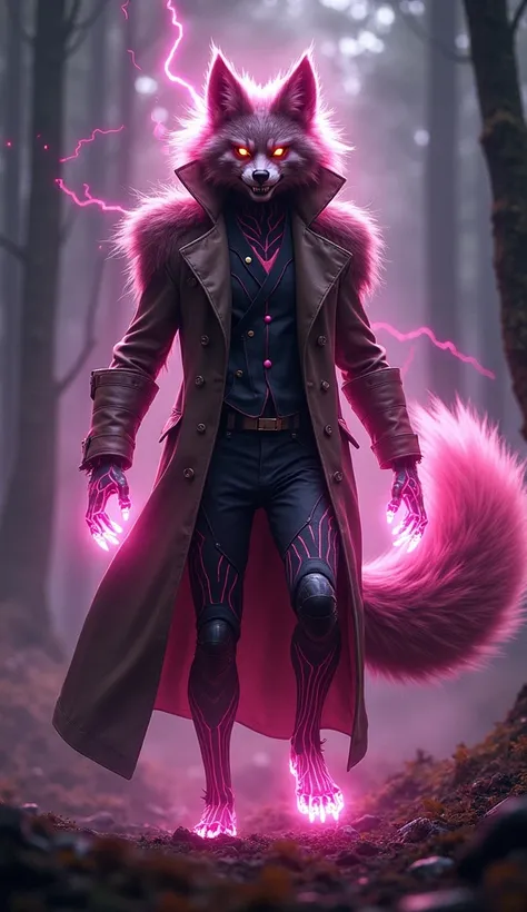 A mesmerizing and fearsome fusion of Gambit from X-Men and a fox, embodying agility, cunning, and untamed power. The creature has a humanoid form with Gambit’s iconic trench coat, now transformed into a flowing, fur-lined cloak that glows faintly with kine...