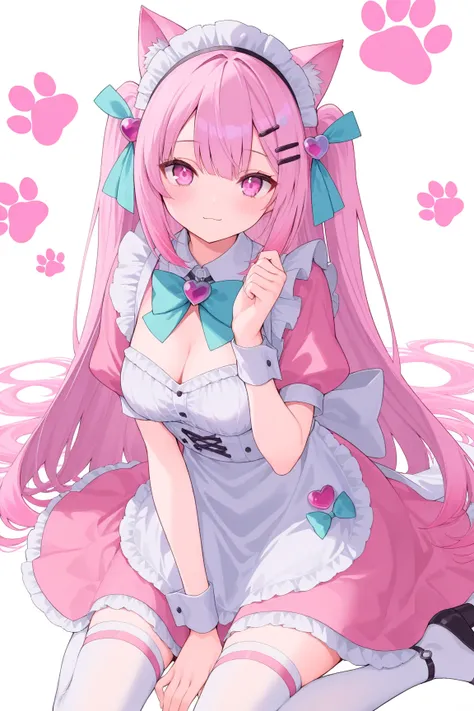 1girl,1girl,cute,sakuna,pink eyes,Beautiful Eyes,pink hair,animal ears,maid headdress,thigh highs,puffy short sleeves,cat ears,dress,apron,white apron,long hair,two side up,light blue bow,hair ornament,puffy sleeves,short sleeves,pink dress,wrist cuffs,pin...