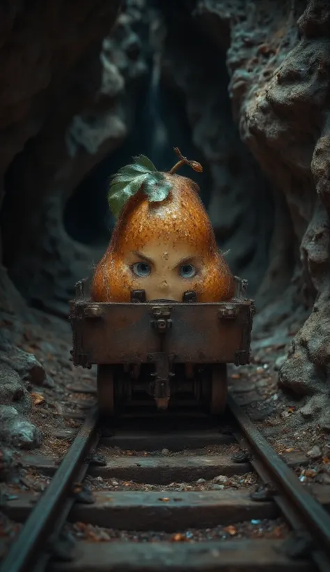 "A small anthropomorphic pear character with a leaf on its head, sitting in a rusty old mining cart on a narrow railway track inside a dark, rugged cave. The character has a slightly worn and weathered appearance, wearing simple mining attire. The cave sur...