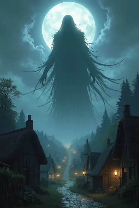  The silhouette of the entity hovering above the village, As if absorbing the moonlight .