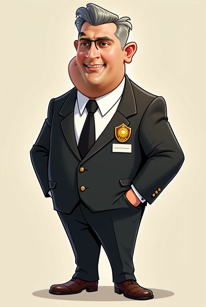 Make a cartoon of this person dressed as a bailiff