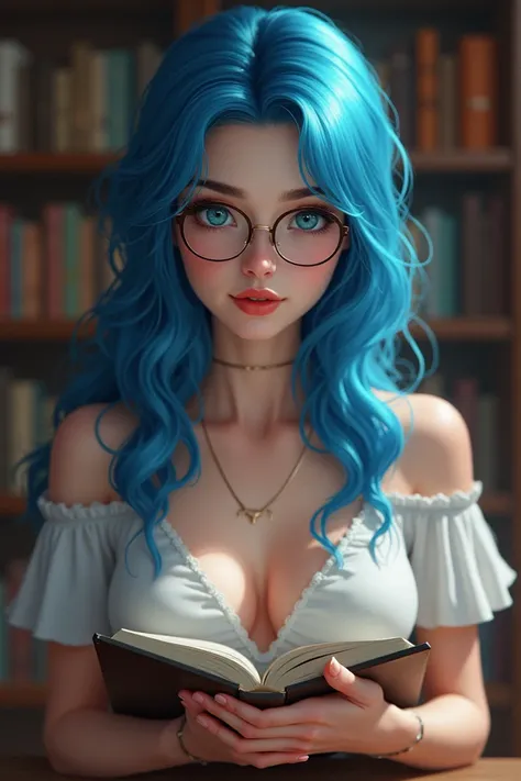 Beautiful woman with blue eyes and blue hair ,  very attractive body wearing round glasses with books in her hands 