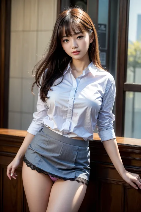  Korean women,Beauty、 full shot、 ( top quality 、masterpiece、Photorealistic、 super detailed 、 super high res、raw:1.3)、 One girl 、cute、smile、bangs、(WindyUpskirt)、(student、uniform、 Miniskirt 、 lace panties 、underwear)、SFW、Big Breasts、