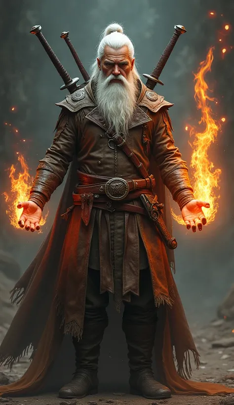 Male swordsman, shoulder length white hair in a ponytail, white neatly trimmed beard, well worn leather clothing, dual swords showing over his shoulders, forearms and hands bare, flames encircling upraised hands