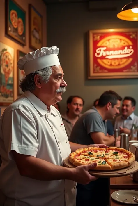 You can create a pizza parlor with pizza paintings and a "Fernando " sign. Image de profil avec le pizzaiolo qui donne une pizza a un client. gray mustache,  gray hair ,  60-year-old pizza, pot-bellied,  full uniform ,  Big Belly, strong arm, Happy people ...