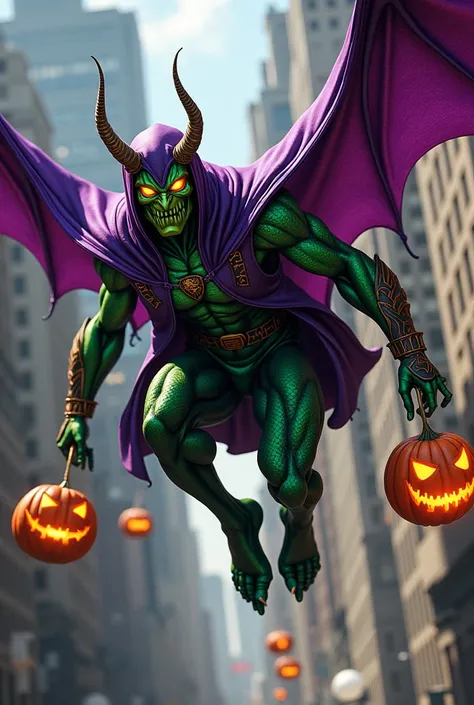      Norman Osborn aka Green Goblin in his classic purple outfit         ,          with green arms and legs with scales         ,         green leprechaun mask with green leprechaun ears purple hood with yellow eyes,       flying on his bat-shaped flying ...