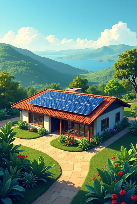 A poster of a house in a residential with 8 solar panels in Costa Rica