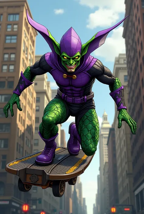      Norman Osborn aka Green Goblin in his classic purple outfit         ,          with green arms and legs with scales         ,         green leprechaun mask with green leprechaun ears purple hood with yellow eyes,       flying on his bat-shaped flying ...