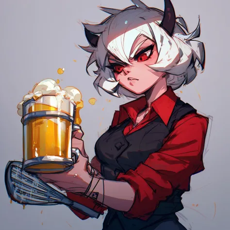 htmalina, girl, solo, demon horns, red shirt, sleeves rolled up, black vest, waistcoat, black skirt, black pantyhose, whisk, holding a beer, sketch