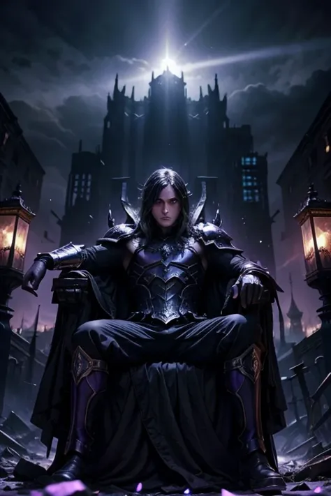 Shadows with violet eyes dark armor kings throne destroyed city background