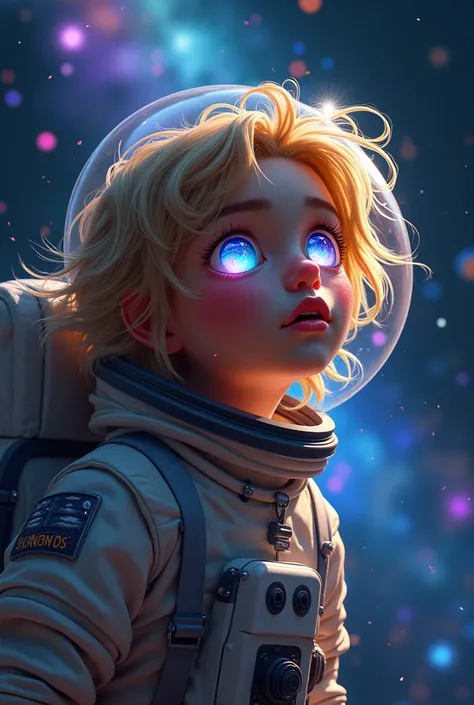  (Espace et astronautes :1.2) (Cheveux blonds en désordre :1.1) (Étoiles colorées dans les yeux :1.0) (Lèvres épaisses :0.9)