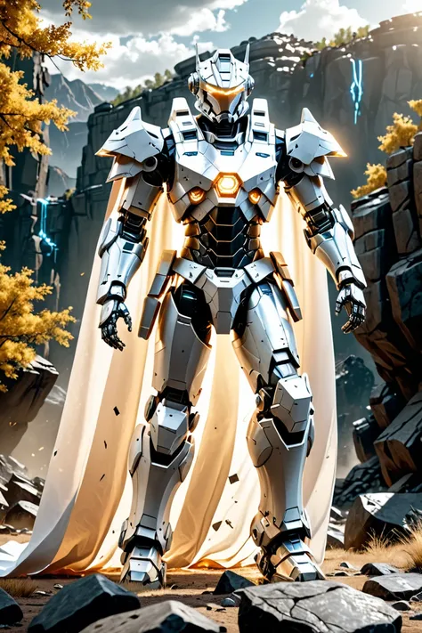 masterpiece, best quality,
cinematic film still, realistic, portrait, solo, white mecha robot, cape, science fiction, torn clothes, glowing, standing, robot joints, mecha, armor, cowboy shot, (floating cape), intense sunlight, silver dragonborn, outdoors, ...