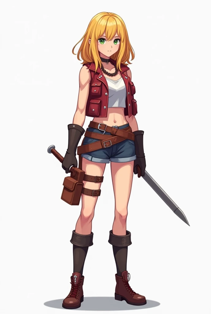 Create a SpriteSheet image of a female character for a complete 2D game up to her feet full body with 1 , 70 tall 55 kilos in shape with medium muscles waist-length blonde hair straight and loose and green eyes and in a fighting pose walking running jumpin...