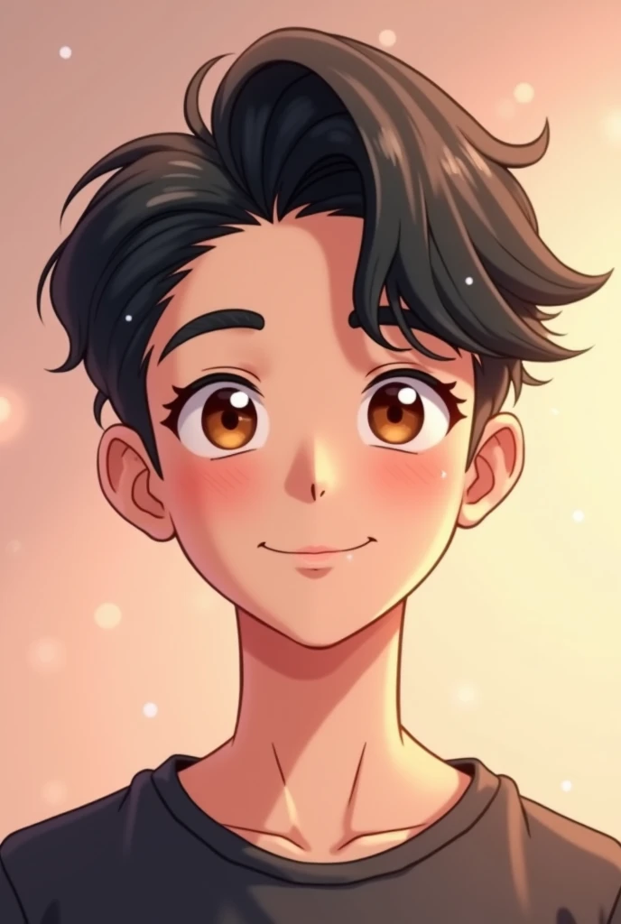 i want to start my vtube account, so make me a vtube avatar, make him cute, black hair, male, anime style