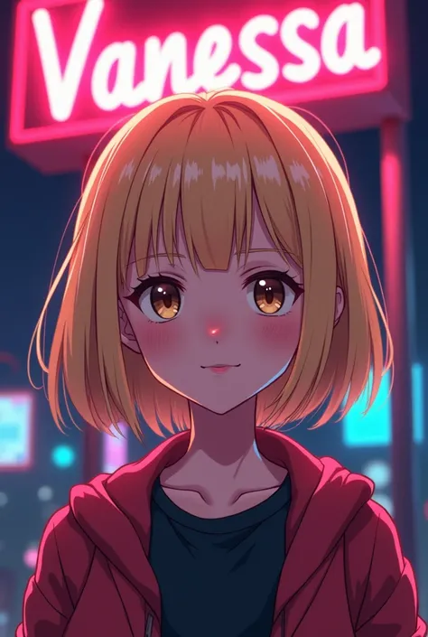 Anime Girl 2D  , blond bob hair , a neon sign is clearly visible in the background "vanessa" 