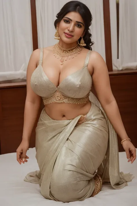 daytime view, close up shot of samantha from top view, wearing sexy half only saree ,revealing sidebreast ,half breast visible , kneel down on bed in bedroom,, looking to camera, big and curvy cheeks, hourglass figure, sexy navel, deep cleavage,swooping br...