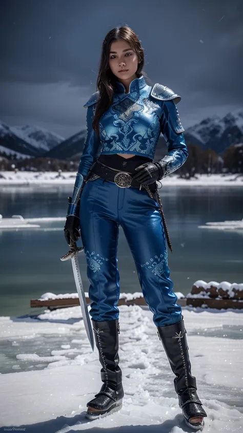 A photo  of  full body shot a stunningly beautiful young woman in blue armored with intricate pattern,  armored long pants  with intricate pattern, was towering up high her magnificent ice blue ice sword with intricate pattern on the blade and glowing with...