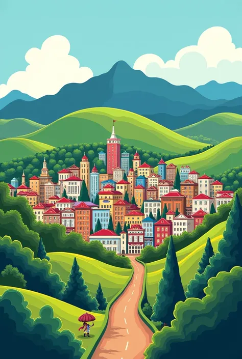 an image of the hills of Bogota and Bogota in the middle in a cartoon for ren