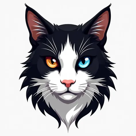 Make a logo of a cat with a white face and black strips, with hazel eyes and left eye should have a blue shade on hazel, front view 