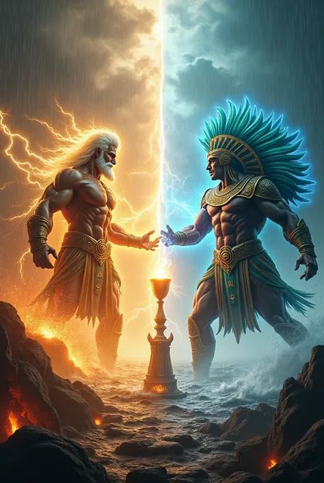  An epic scene in a realistic and cinematic style that shows the clash between Greek and Aztec mythology. Zeus, The God of Thunder, appears on one side ,  surrounded by golden rays ,  with their imposing musculature and their lightning shining in the hand ...