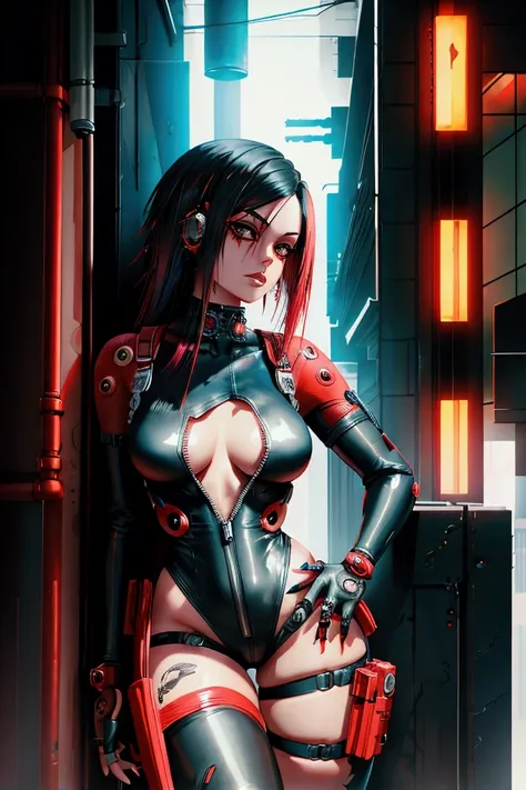 Cyberpunk, body suit, black and red, long hair, beautiful, 1 girl, punk, one piece, showing thighs, black hair, normal arms, face piercings, pistol