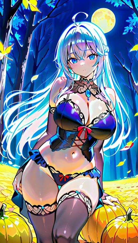  dazzling , intellectual and elegant ，alia, Create an enchanting anime-style illustration of a beautiful woman with long white hair, dressed in very sexy Halloween lingerie. a big neckline ,  Big breasts ,  thick sexy thighs,  She is in a moonlit forest , ...