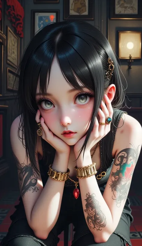  general plan ,  full body :1.4, Of a girl with tattoos its on her arms,  straight bangs shiny black hair ,  colored sequins on the sides ,  round cufflinks ,  she is crouched with her elbows resting on her knees ,  she wears both hands on the sides of her...