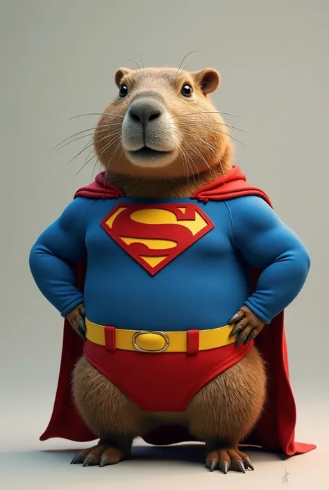 Capybara wearing Superman clothes with elliptical frame and blue background