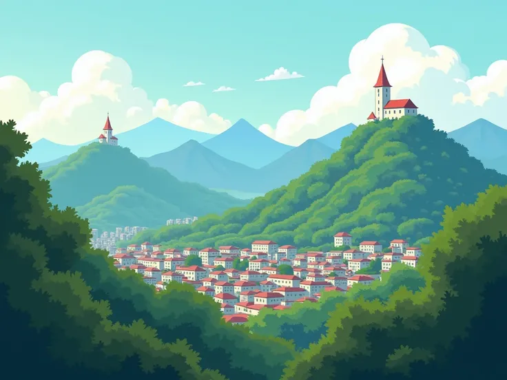  I need you to make a landscape that is Bogota in the middle of the Eastern Hills , Monserrate and Guadalupe ,  no olives put their respective churches on the top of the mountains , Remember that it must be in a cartoon since it will be used as a backgroun...