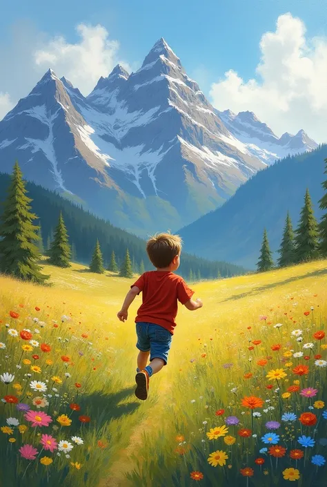 Professional looking impressionist , Prairie landscape with flowers ,  mountains in the background and boy running across the meadow 