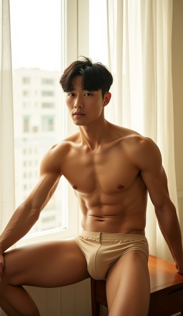 Full-length portrait of a young Korean man in his 20s with fair skin and short, muscular black hair, modeled after actor Lee Jun-ho,
posing next to a large window with sheer curtains. Natural lighting fills the room, casting a warm, golden light that highl...