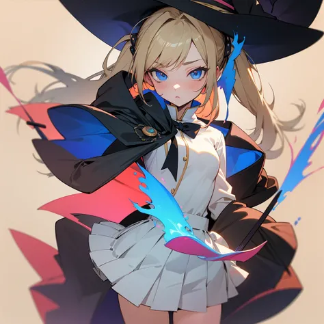  One Girl 　Age 15　150cm　 wizard　witch　Blonde　 twin tails　 long hair　 blue eyes　 Slender 　 small breasts　Magic School Uniform　Archmage Wand 　 tsundere　 Witchs Chapeau　 Miniskirt 　 Staring at Me 　anime style,　beautiful alluring anime teen,　clean detailed ani...