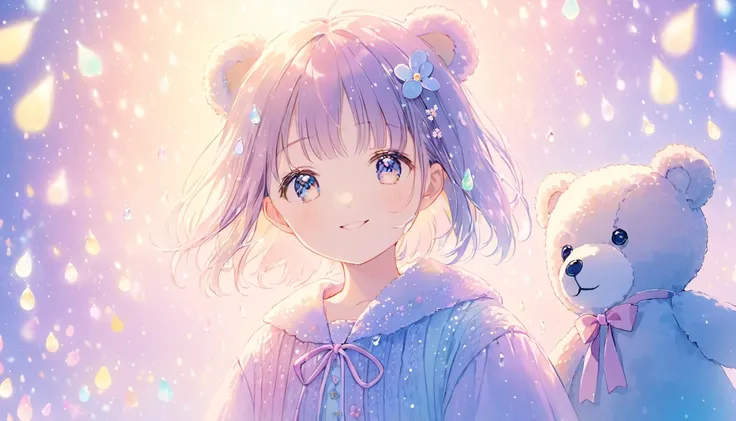  girl,   made with amazing 32K resolution radiosity  ,  pastel color , Drops of ink, Spring Lights、Cute smiling girl、Cute teddy bear